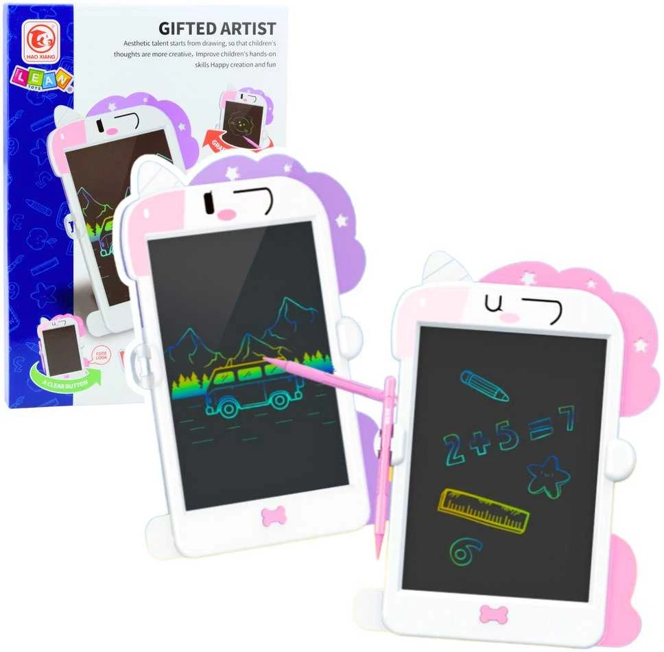 Lean Toys Piešimo lenta vienaragio formos su rašikliu ir LCD ekranu, 27.5x18 cm