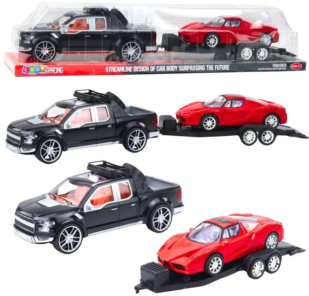Lean Toys Bekelės žaislinis automobilis su priekaba ir sportiniu automobiliu, 59 cm