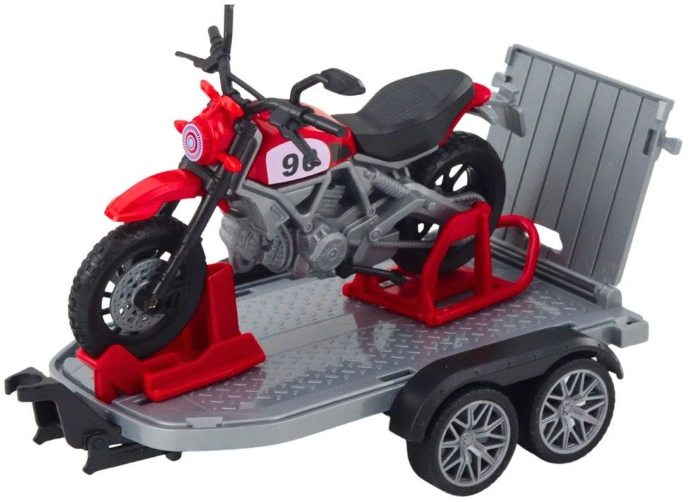 Zestaw Bekelės automobilio rinkinys su priekaba ir motociklu, šviesos ir garsai, žalias