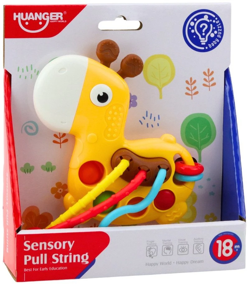 Lean Toys Sensorinis žirafos žaislas su traukimo virvelėmis