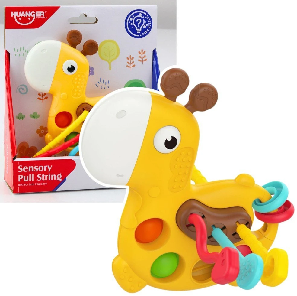 Lean Toys Sensorinis žirafos žaislas su traukimo virvelėmis