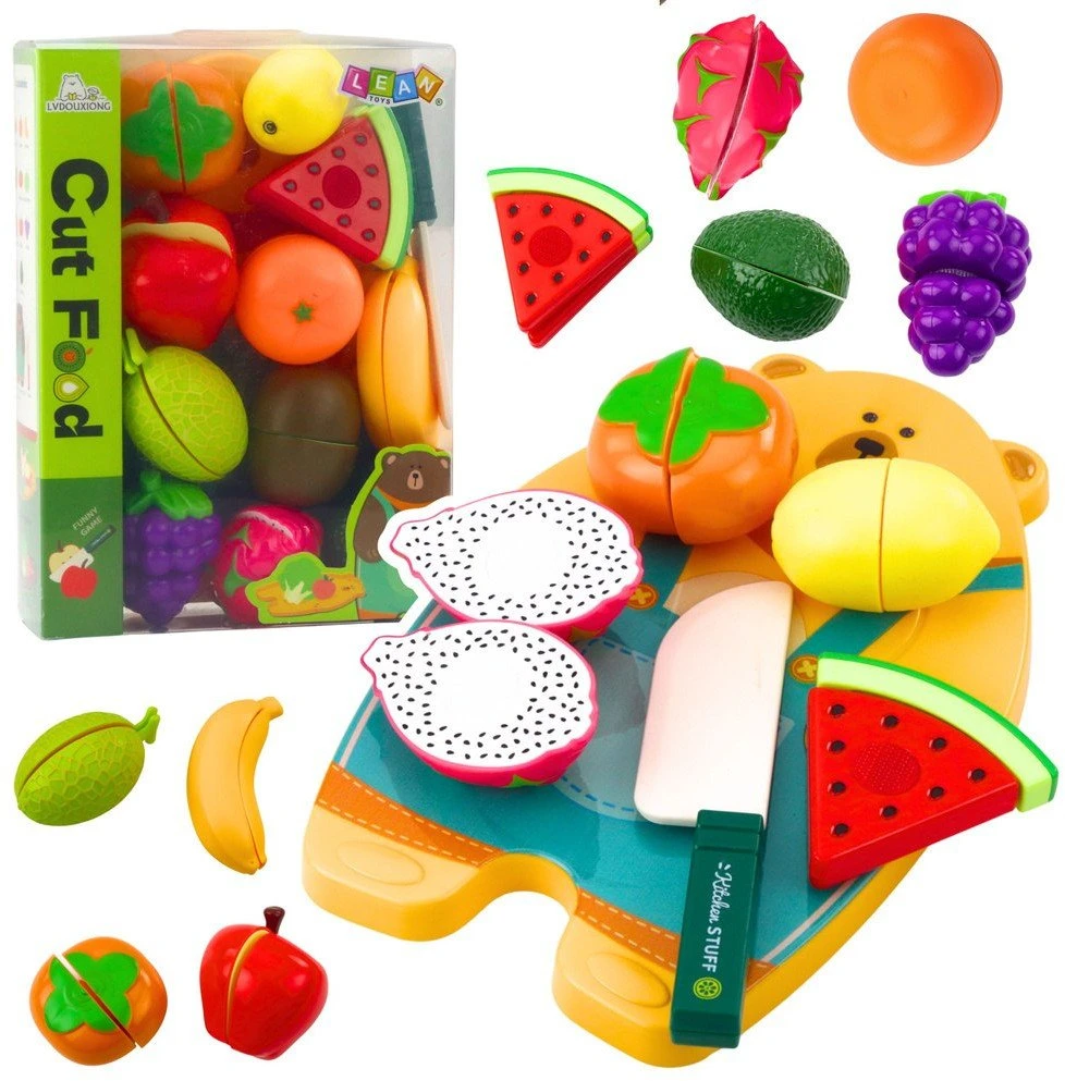 Lean Toys Vaikiškas žaislinių vaisių pjaustymo rinkinys su peiliu ir lentelė