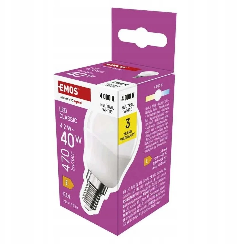 Neutralle LED żarówka EMOS Lighting E14, 230V, 4.2W, 470lm, 4000k, neutralna biel, 30000h, Mini Globe 45x45x82mm