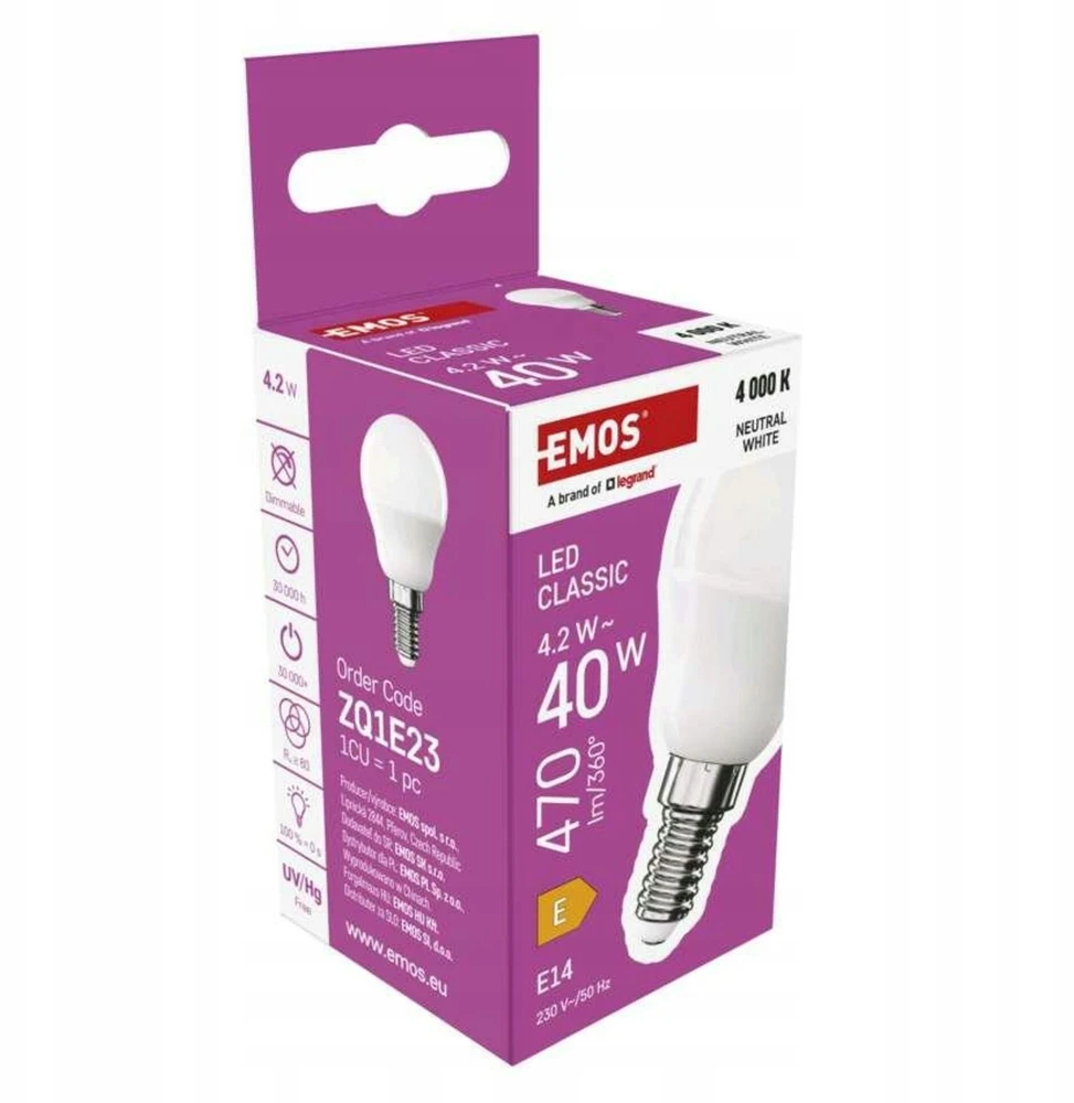 Neutralle LED żarówka EMOS Lighting E14, 230V, 4.2W, 470lm, 4000k, neutralna biel, 30000h, Mini Globe 45x45x82mm