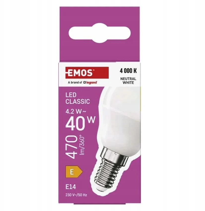 Neutralle LED żarówka EMOS Lighting E14, 230V, 4.2W, 470lm, 4000k, neutralna biel, 30000h, Mini Globe 45x45x82mm