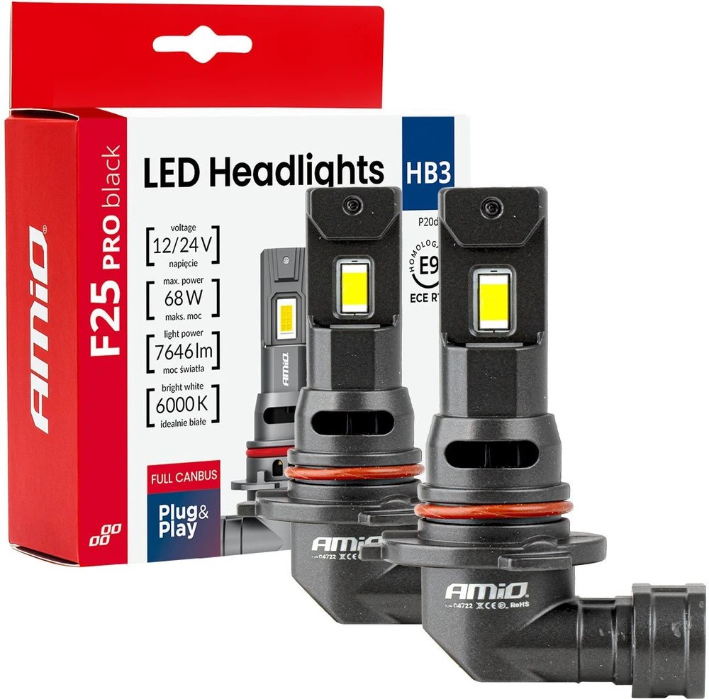 LED žibintų lemputės F25 PRO Juodas FULL CANBUS HB3 68W 12V 24V AMIO-04722