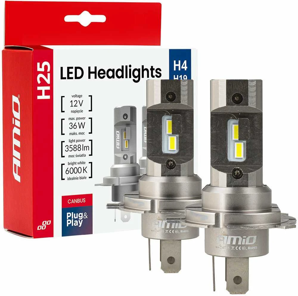 LED žibintų lemputės H25 CANBUS H4 H19 12V 36W, AMIO-04711