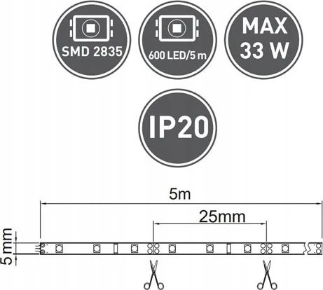 GTV Blykstės 2835, 600 LED neutralios baltos spalvos, 60W, be gelio, 10 mm, ritinys 5 m, 12 V