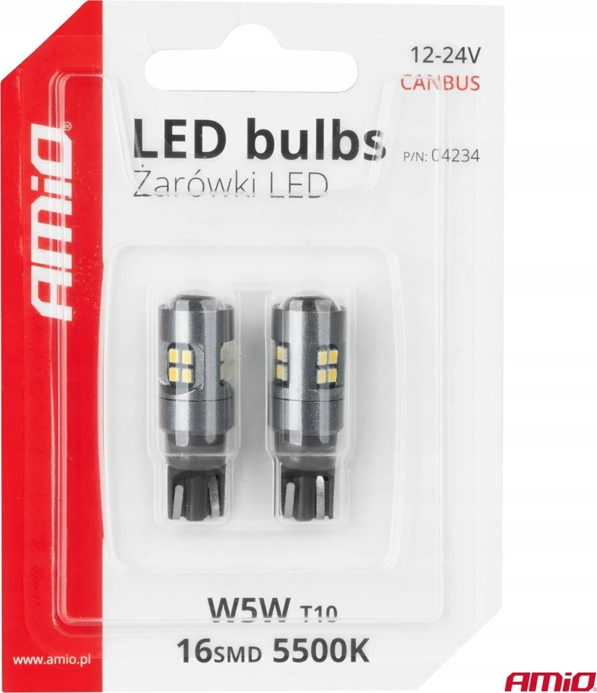 LED lemputės Canbus T10 W5W 16SMD 2016 baltos 12V 24V amio-04234