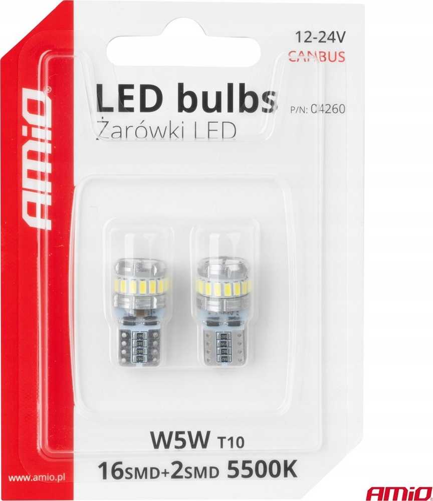 LED lemputės Canbus T10 W5W 16SMD 2SMD 3014 3030 baltos 12V 24V amio-04260