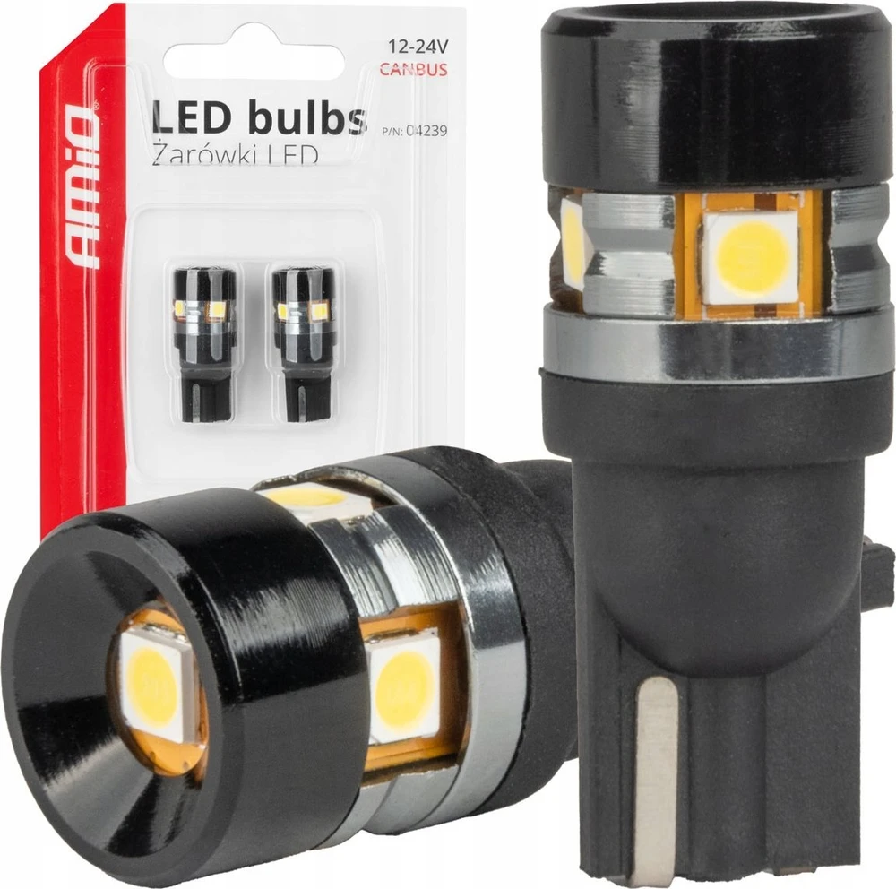 LED lemputės Canbus T10 W5W 5SMD 3030 baltos 12V 24V amio-04239