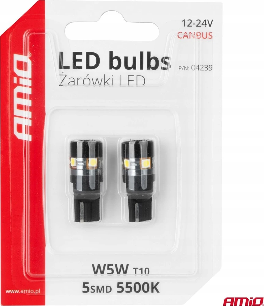 LED lemputės Canbus T10 W5W 5SMD 3030 baltos 12V 24V amio-04239