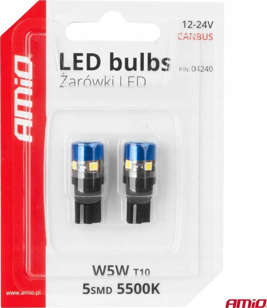LED lemputės Canbus T10 W5W 5SMD 3030 baltos 12V 24V amio-04240