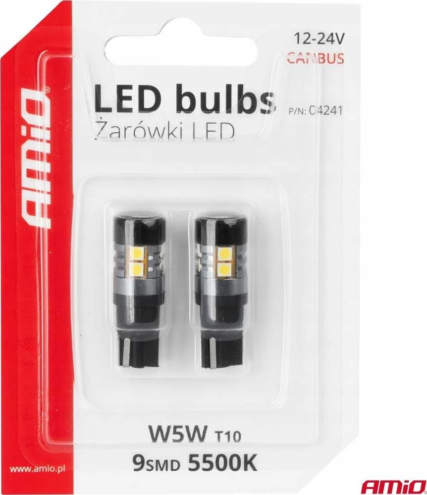 LED lemputės Canbus T10 W5W 9 SMD 3030 baltos 12V 24V amio-04241