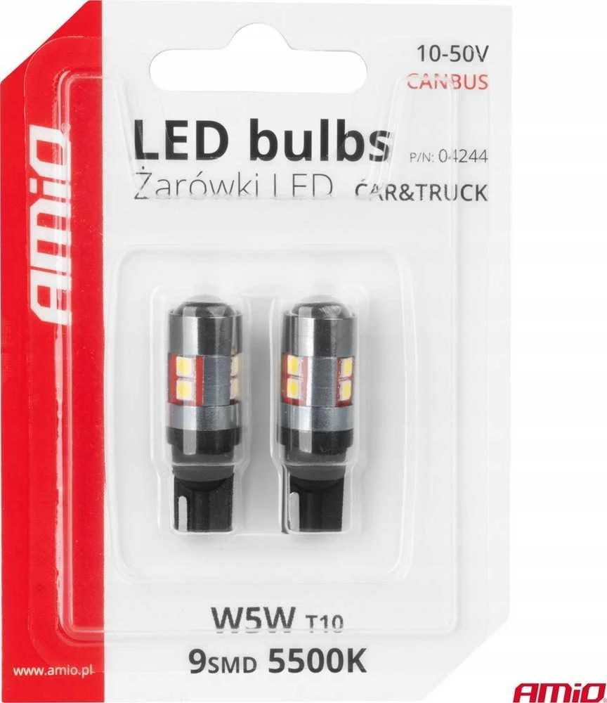 LED lemputės Canbus T10 W5W 9 SMD 3030 baltos 12V 24V 36V 48V amio-04244
