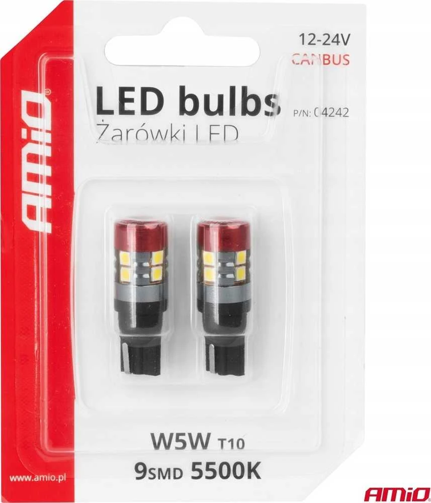 LED lemputės Canbus T10 W5W 9 SMD 3030 baltos 12V 24V amio-04242