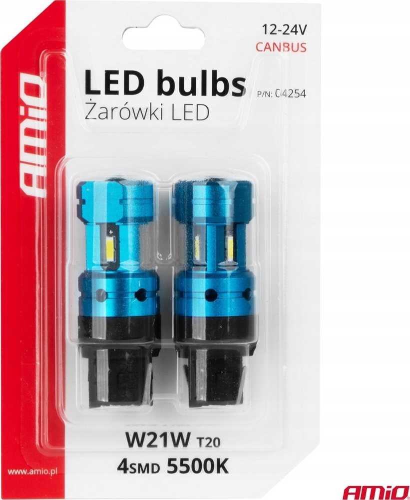 LED lemputės Canbus T20 7440 W21W 4SMD 1860 baltos 12V 24V amio-04254