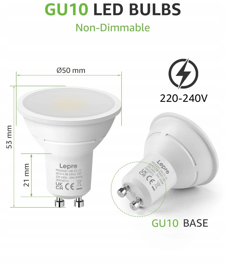 LEPRO 200081-DW-EU-10 GU10 LED Bulb, 4.5W, 345 lm, 6500K, 100°, 10 pcs.