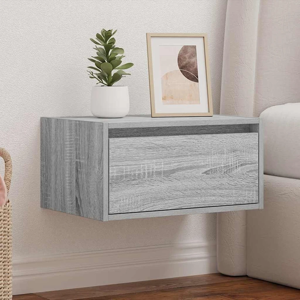 TV staliukas Prie sienos montuojama naktinė spintelė su LED, pilka ąžuolo
