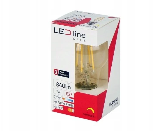 LED lemputė E27 A60 230V 7W 840lm, šiltai balta 2700K, pritemdoma, LED line LITE