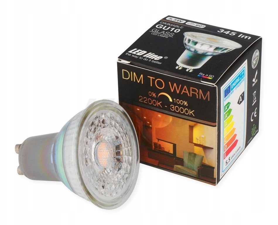 Lemputė LED GU10 230V 5.5W 345lm šiltai balta 2200K-3000K pritemdoma, šviesa šiltėja, LED line