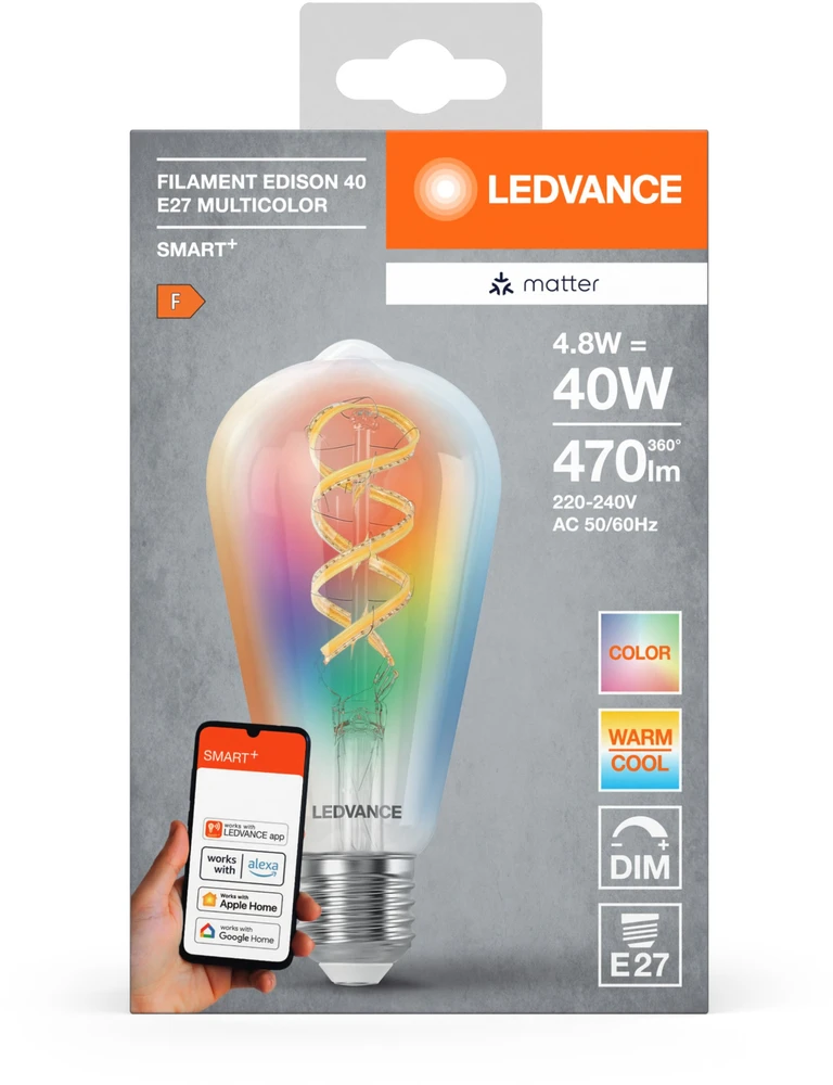 LEDVANCE SMART+ MATTER filamentinė daugiaspalvė klasikinė E40 4,8 W - E27 išmanioji lemputė
