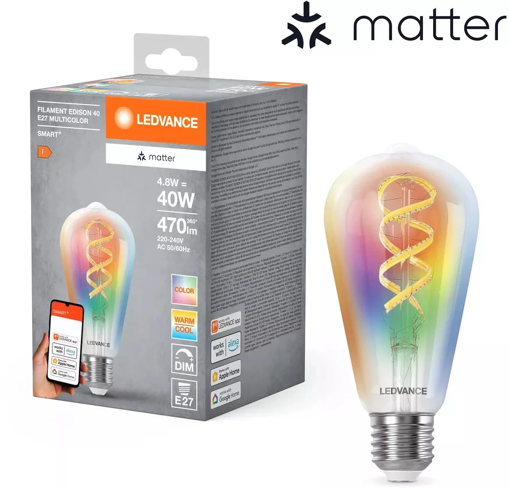 LEDVANCE SMART+ MATTER filamentinė daugiaspalvė klasikinė E40 4,8 W - E27 išmanioji lemputė