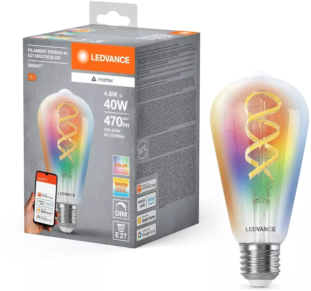 LEDVANCE SMART+ MATTER filamentinė daugiaspalvė klasikinė E40 4,8 W - E27 išmanioji lemputė