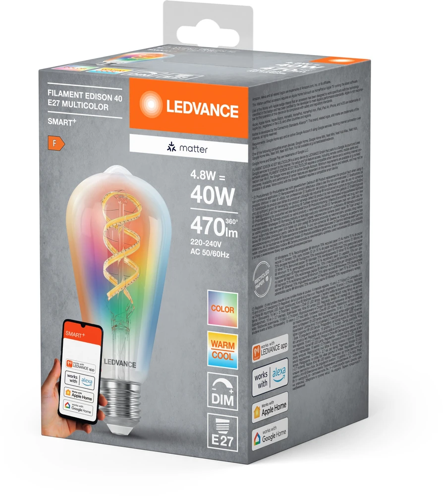 LEDVANCE SMART+ MATTER filamentinė daugiaspalvė klasikinė E40 4,8 W - E27 išmanioji lemputė