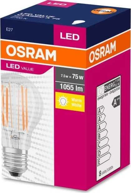 Ledvance OSRAM LED Filament VALUE ClasA 230V 8W 827 E27 noDIM A++ Szkło skaidrus 1055lm 2700K 10000h (krabička 1ks)