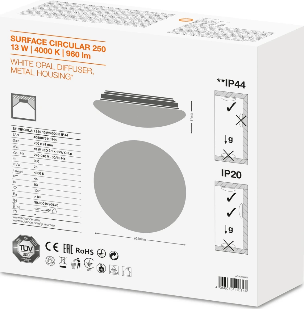 Lubinis šviestuvas Osram 13W LED plafonai SURFACE CIRCLULAR 250, baltas, 4000K