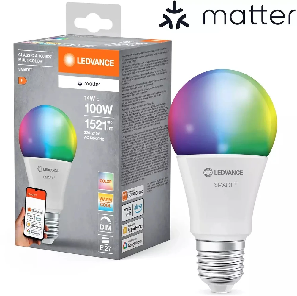 LEDVANCE SMART+ MATTER daugiaspalvė klasikinė A100 14W - E27 išmanioji lemputė