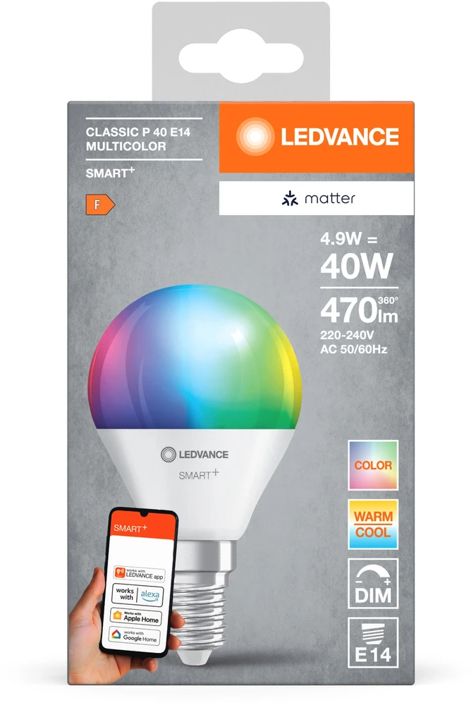 LEDVANCE SMART+ MATTER daugiaspalvė klasikinė P40 4.9W - E14 išmanioji lemputė