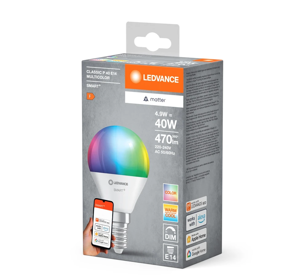 LEDVANCE SMART+ MATTER daugiaspalvė klasikinė P40 4.9W - E14 išmanioji lemputė