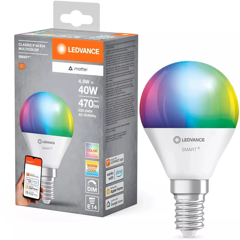 LEDVANCE SMART+ MATTER daugiaspalvė klasikinė P40 4.9W - E14 išmanioji lemputė