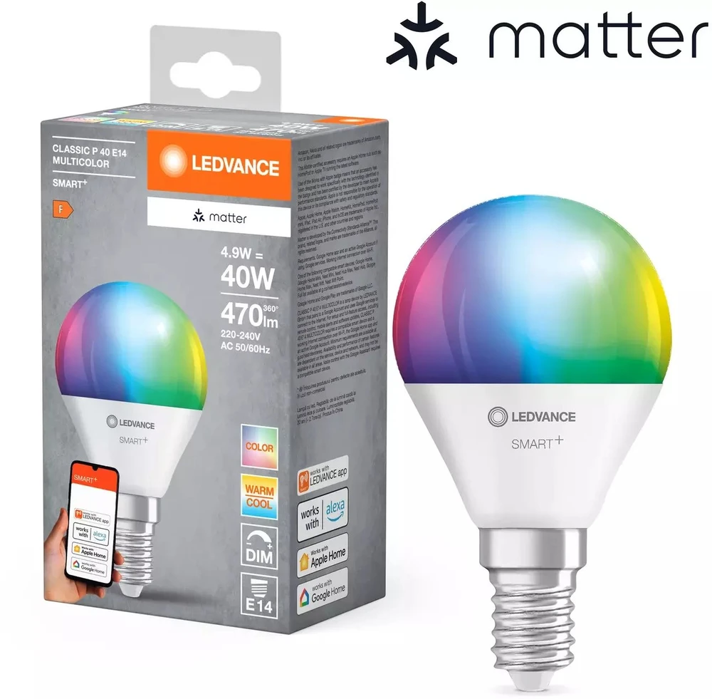 LEDVANCE SMART+ MATTER daugiaspalvė klasikinė P40 4.9W - E14 išmanioji lemputė