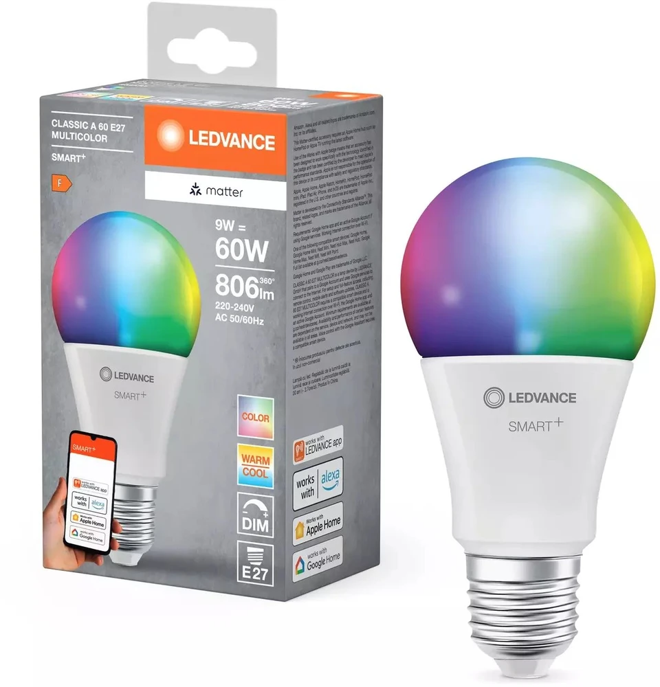 LEDVANCE SMART+ MATTER daugiaspalvė klasikinė A60 9W - E27 išmanioji lemputė