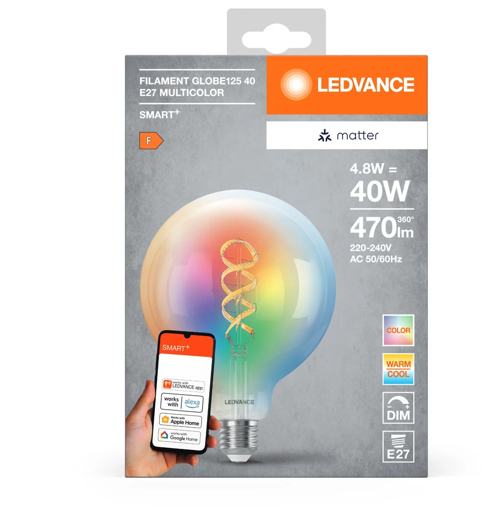 LEDVANCE SMART+ MATTER filamentinė daugiaspalvė klasikinė 4,8 W - E27 išmanioji lemputė