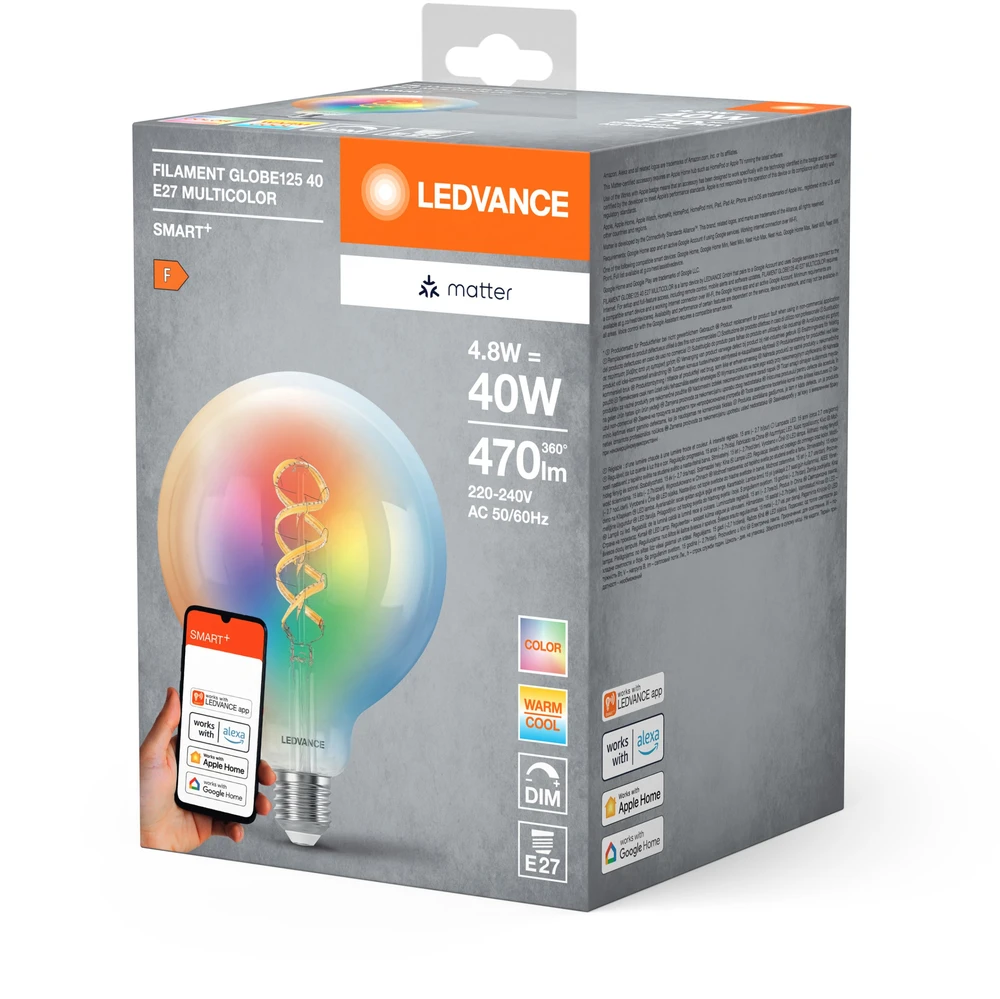 LEDVANCE SMART+ MATTER filamentinė daugiaspalvė klasikinė 4,8 W - E27 išmanioji lemputė