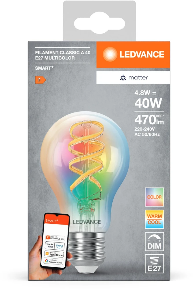 LEDVANCE SMART+ MATTER filamentinė daugiaspalvė klasikinė A40 4,8 W - E27 išmanioji lemputė