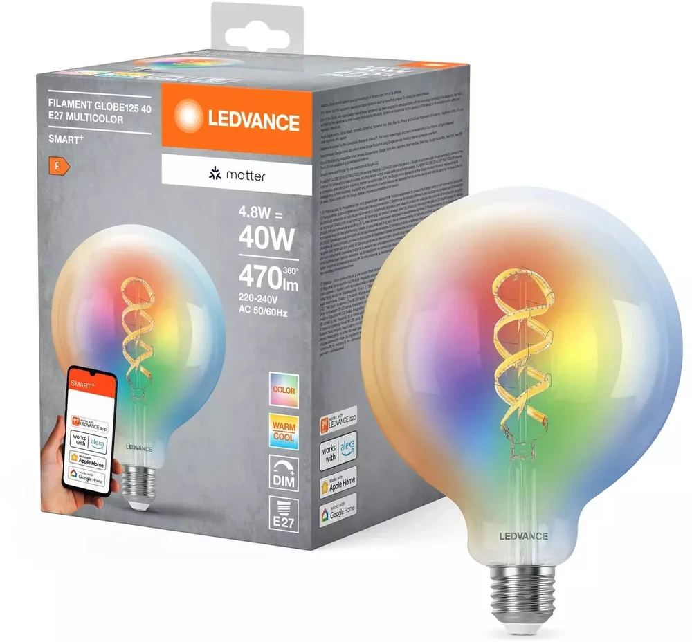 LEDVANCE SMART+ MATTER filamentinė daugiaspalvė klasikinė 4,8 W - E27 išmanioji lemputė