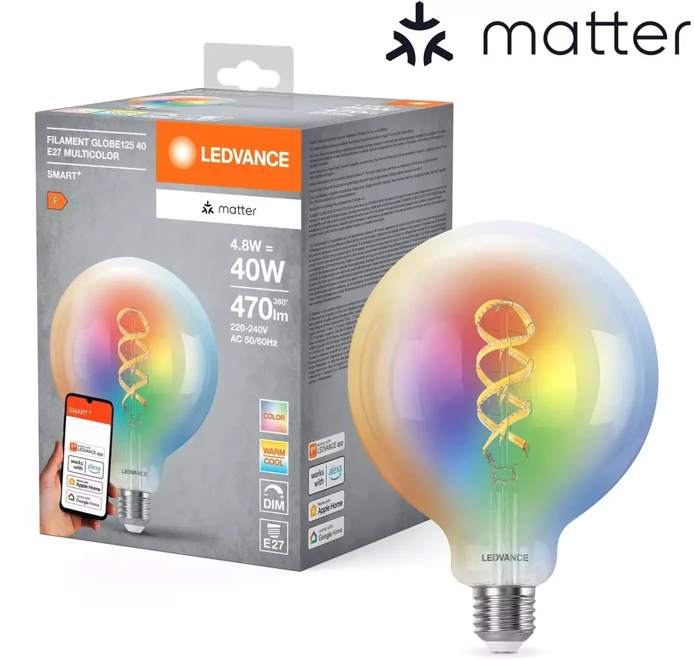 LEDVANCE SMART+ MATTER filamentinė daugiaspalvė klasikinė 4,8 W - E27 išmanioji lemputė