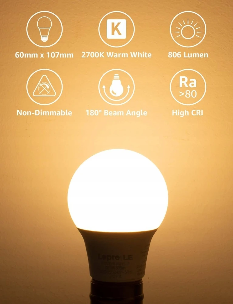 LEPRO 100089-WW-EU-6 LED lemputė, E27, A60, 8,5W (60W), 806 lm, 2700K (šilta), 180°, 6 vnt. paketas