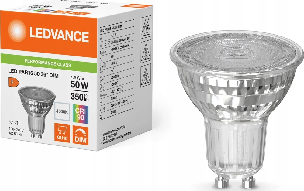 Ledvance 4,5W LED lemputė, PAR16, GU10, 4000K, dimeriuojama, 36°