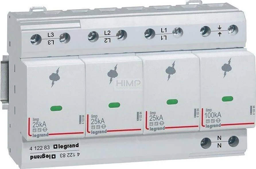 Legrand Viršįtampių ribotuvas Legrand 412283 B tipas 1 4P 25kA 350V AC 1,5kV