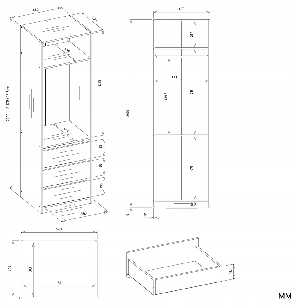 Top E Shop OPENO 1W1P3S Baltas Wardrobe – Modular Wardrobe with Clothes Rail and 3 Drawers