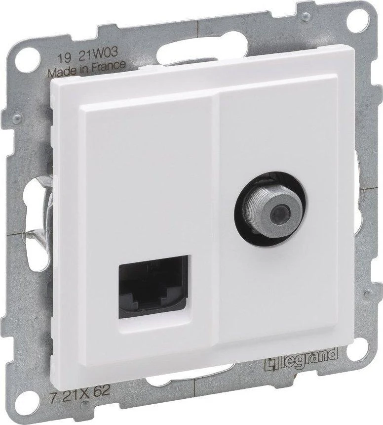 Legrand SUNO TV lizdas (tipas F) 1,5dB + RJ45 kat 6 UTP balta 721162