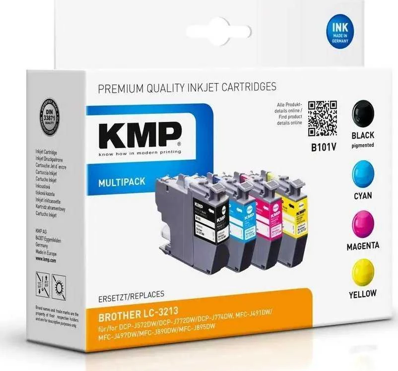 „Legrand Tusz KMP KMP B101V“ – 4 rašalo kasetė – juoda, geltona, žydra, rausvai raudona – suderinama su spausdinimo spausdintuvu (alternatyva: „Brother LC3213BK“, „Brother LC3213C“, „Brother LC3213M“, „Brother LC3213Y“) – su „Brother DCP-J572“, „DCP-J772“, „DCP-J774“, „MFC-J890“, „MFC-J895“