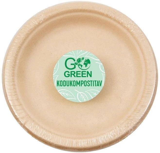 Gogreen kompostuojamos cukranendrių lėkštės su Go Žalias raštu Ø15cm 10 vnt./0,08kg