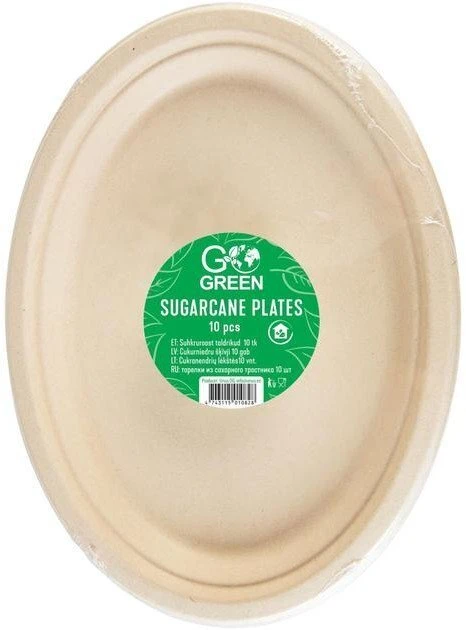 Gogreen kompostuojamos cukranendrių lėkštės su Go Žalias raštu Ø15cm 10 vnt./0,08kg